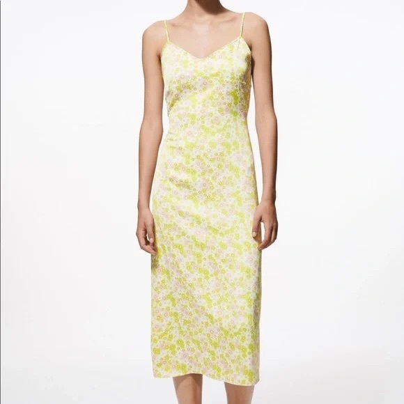 Zara Dresses & Skirts - Zara Satin Effect Green & Purple Floral Spaghetti Strap Midi Dress Size L